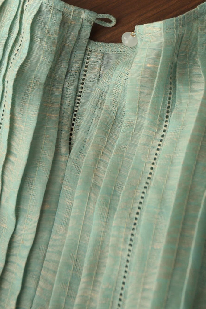 Luxe Silk-Linen Jacquard Cap-Sleeve Pintuck Blouse  Fibflx