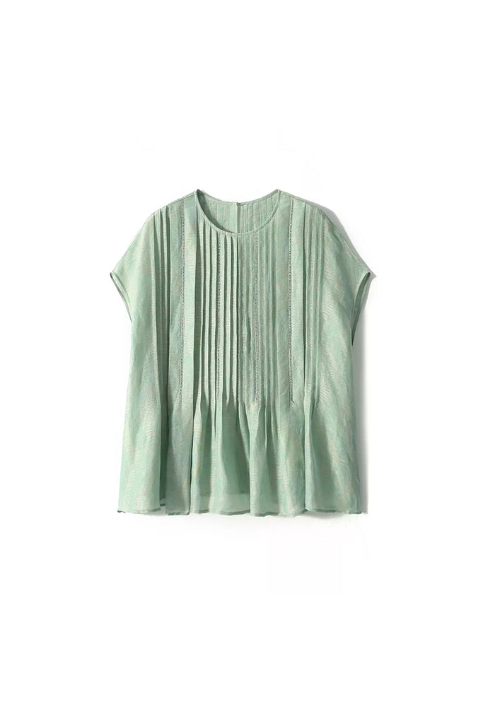 Luxe Silk-Linen Jacquard Cap-Sleeve Pintuck Blouse  Fibflx