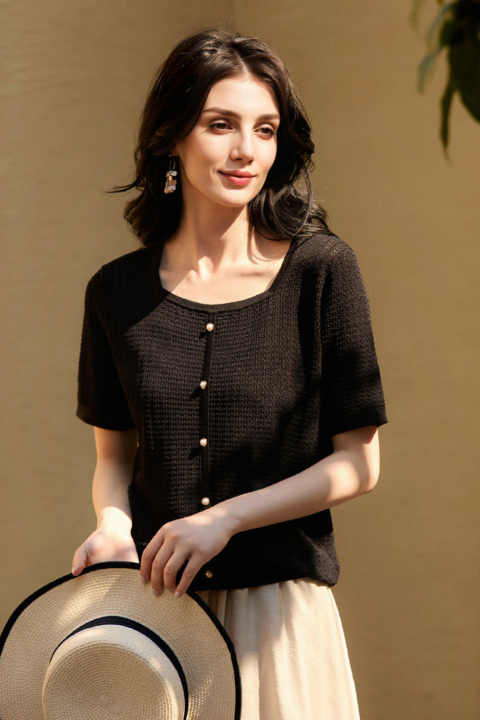 Machine Washable Silk Blend Short-Sleeve Knit Top L / Black / 90% Viscose 5.8%% Mulberry Silk 4.2% N Fibflx