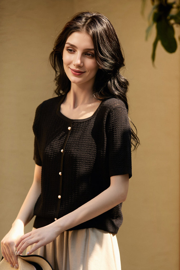 Machine Washable Silk Blend Short-Sleeve Knit Top  Fibflx