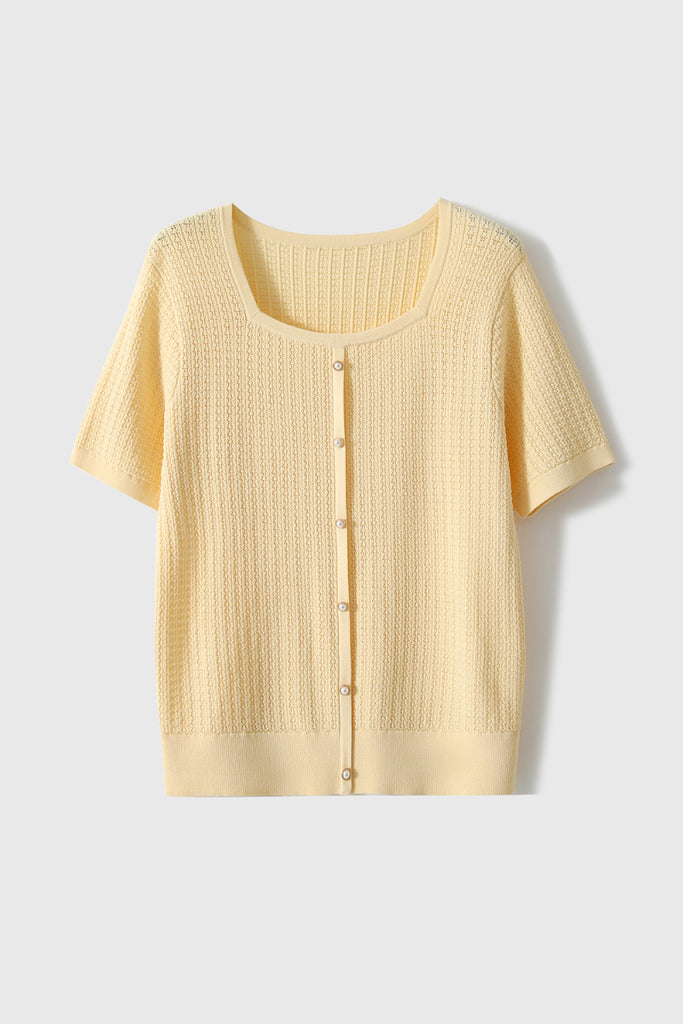 Machine Washable Silk Blend Short-Sleeve Knit Top L / Daffodil Yellow / 90% Viscose 5.8%% Mulberry S Fibflx