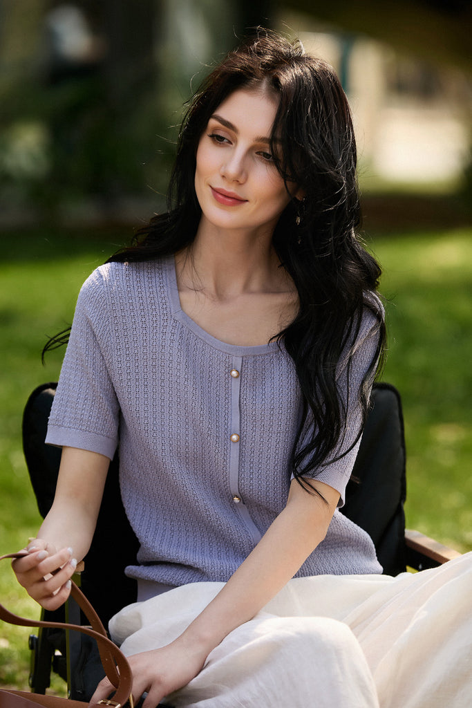 Machine Washable Silk Blend Short-Sleeve Knit Top L / Lilac Purple / 90% Viscose 5.8%% Mulberry Silk Fibflx