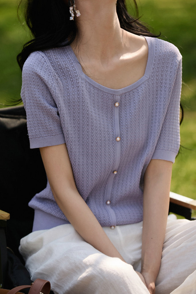 Machine Washable Silk Blend Short-Sleeve Knit Top  Fibflx