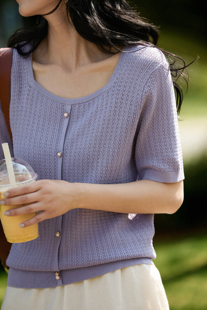 Machine Washable Silk Blend Short-Sleeve Knit Top  Fibflx