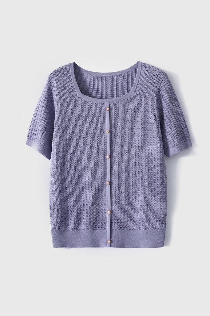 Machine Washable Silk Blend Short-Sleeve Knit Top  Fibflx