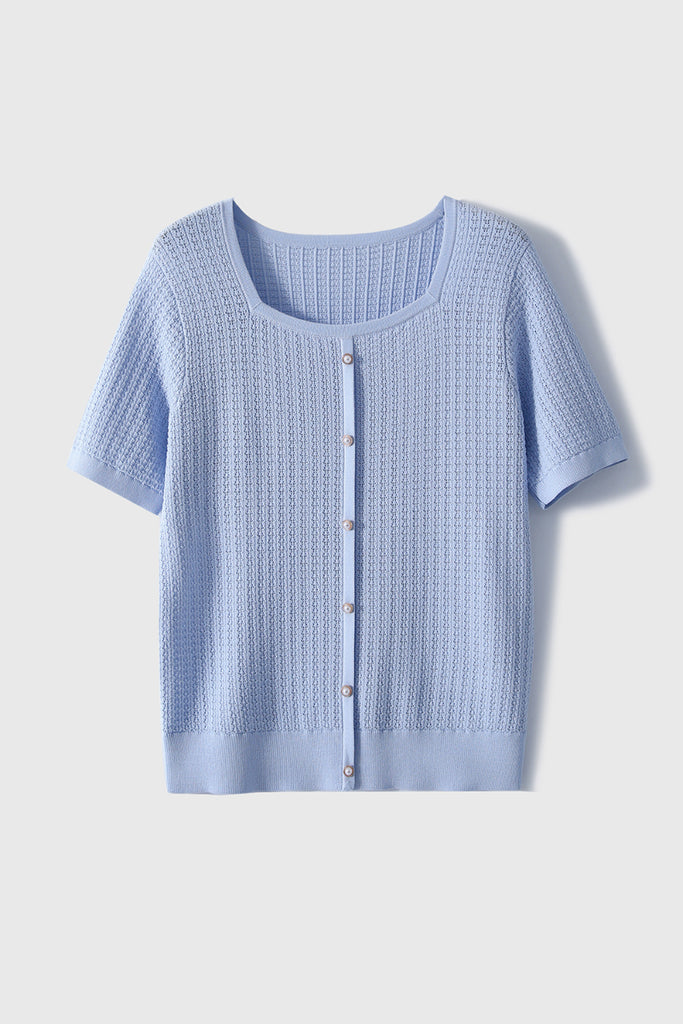 Machine Washable Silk Blend Short-Sleeve Knit Top L / Sonata Blue / 90% Viscose 5.8%% Mulberry Silk  Fibflx