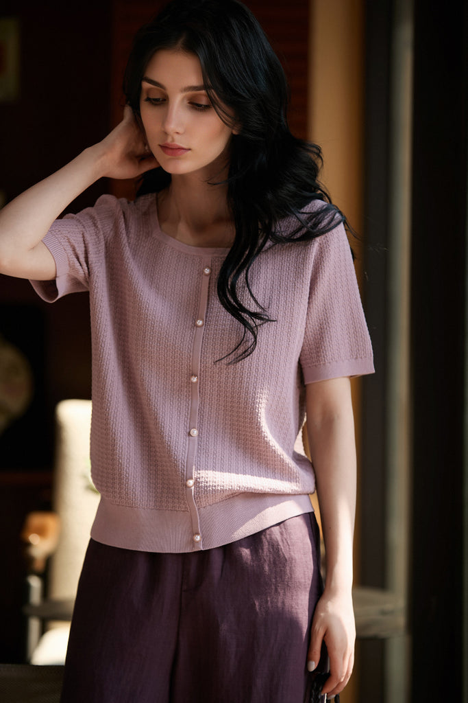 Machine Washable Silk Blend Short-Sleeve Knit Top L / Spring Purple / 90% Viscose 5.8%% Mulberry Sil Fibflx