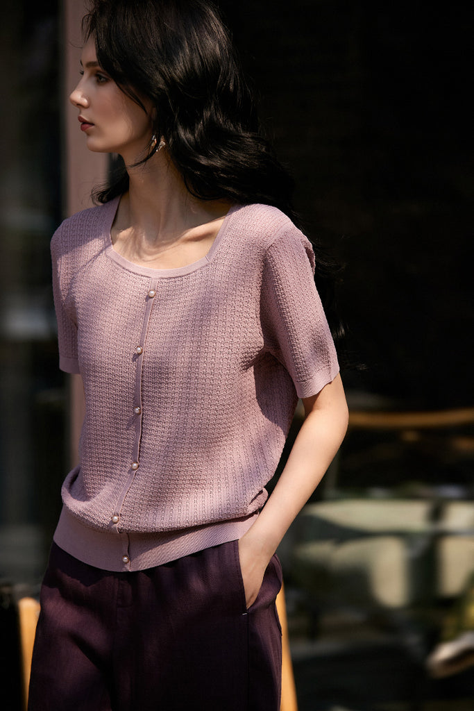 Machine Washable Silk Blend Short-Sleeve Knit Top  Fibflx