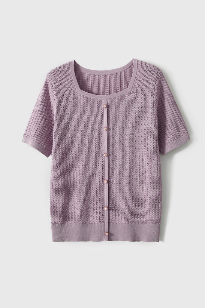 Machine Washable Silk Blend Short-Sleeve Knit Top  Fibflx