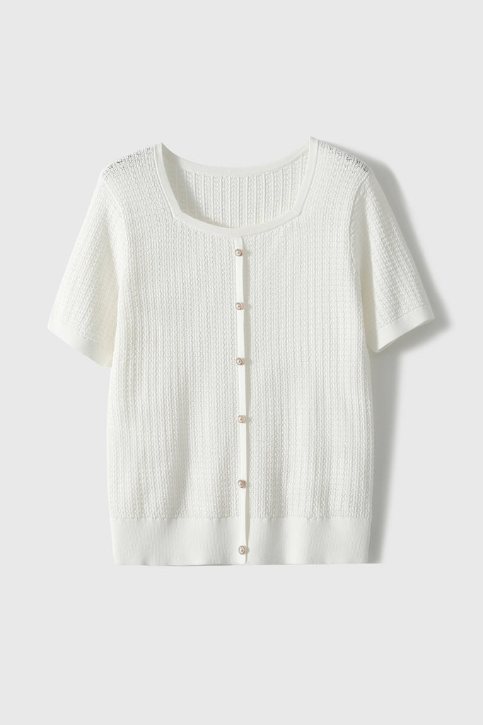 Machine Washable Silk Blend Short-Sleeve Knit Top L / White / 90% Viscose 5.8%% Mulberry Silk 4.2% N Fibflx