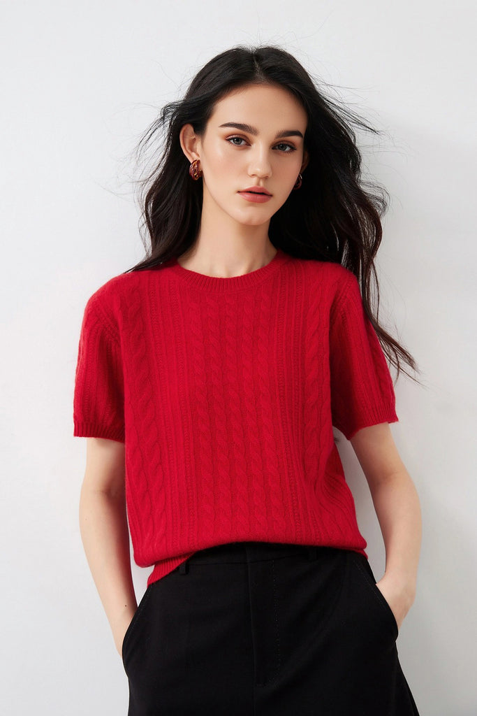 Ultrasoft Merino Wool Short-Sleeve Cable Sweater Cherry Red / M Fibflx