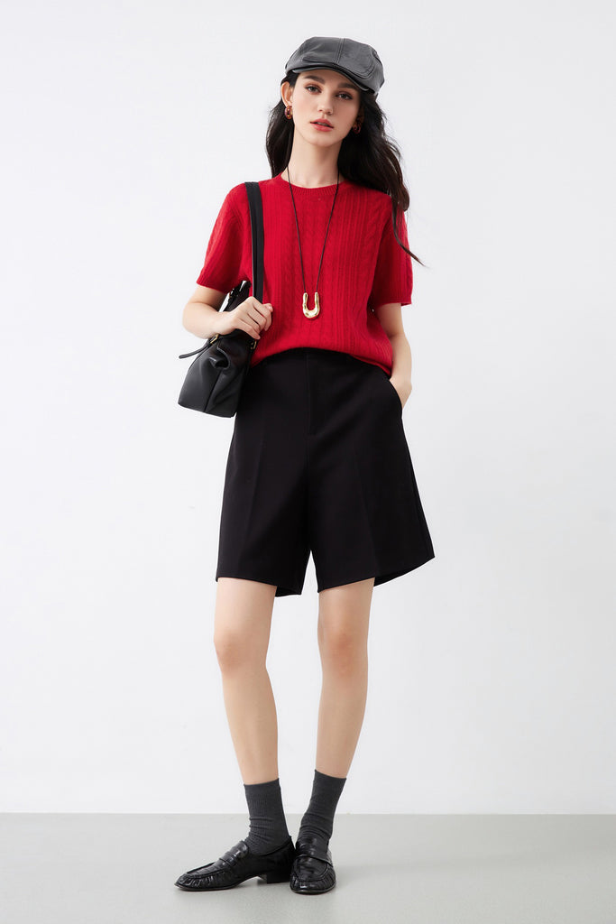 Ultrasoft Merino Wool Short-Sleeve Cable Sweater  Fibflx