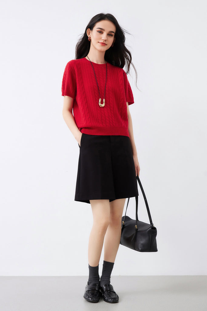 Ultrasoft Merino Wool Short-Sleeve Cable Sweater  Fibflx