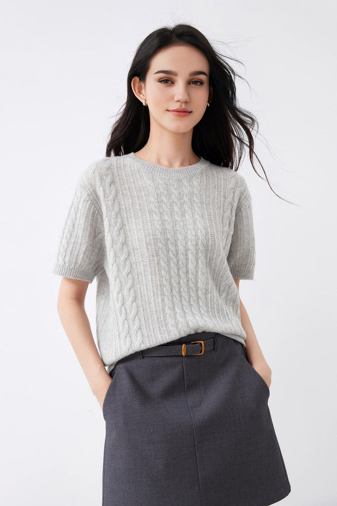Ultrasoft Merino Wool Short-Sleeve Cable Sweater Morning Fog Grey / M Fibflx