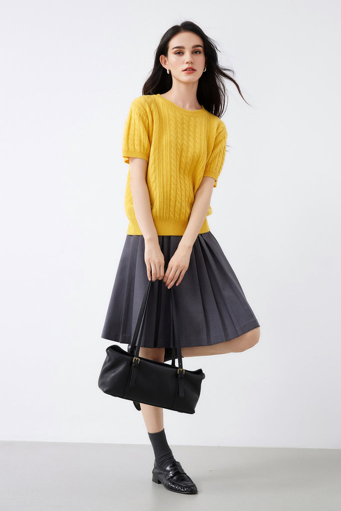 Ultrasoft Merino Wool Short-Sleeve Cable Sweater  Fibflx