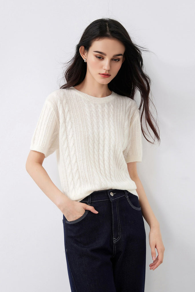 Ultrasoft Merino Wool Short-Sleeve Cable Sweater Off White / M Fibflx