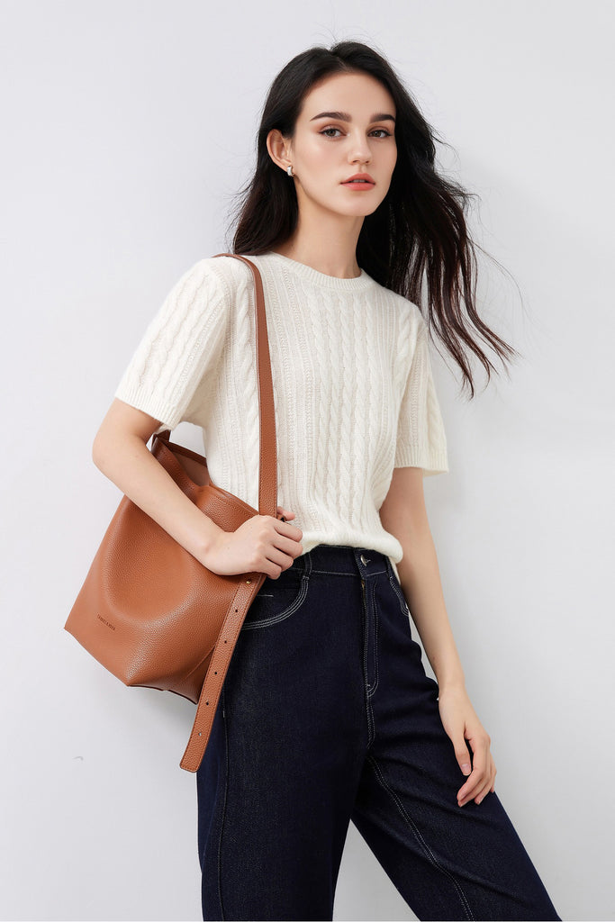 Ultrasoft Merino Wool Short-Sleeve Cable Sweater  Fibflx