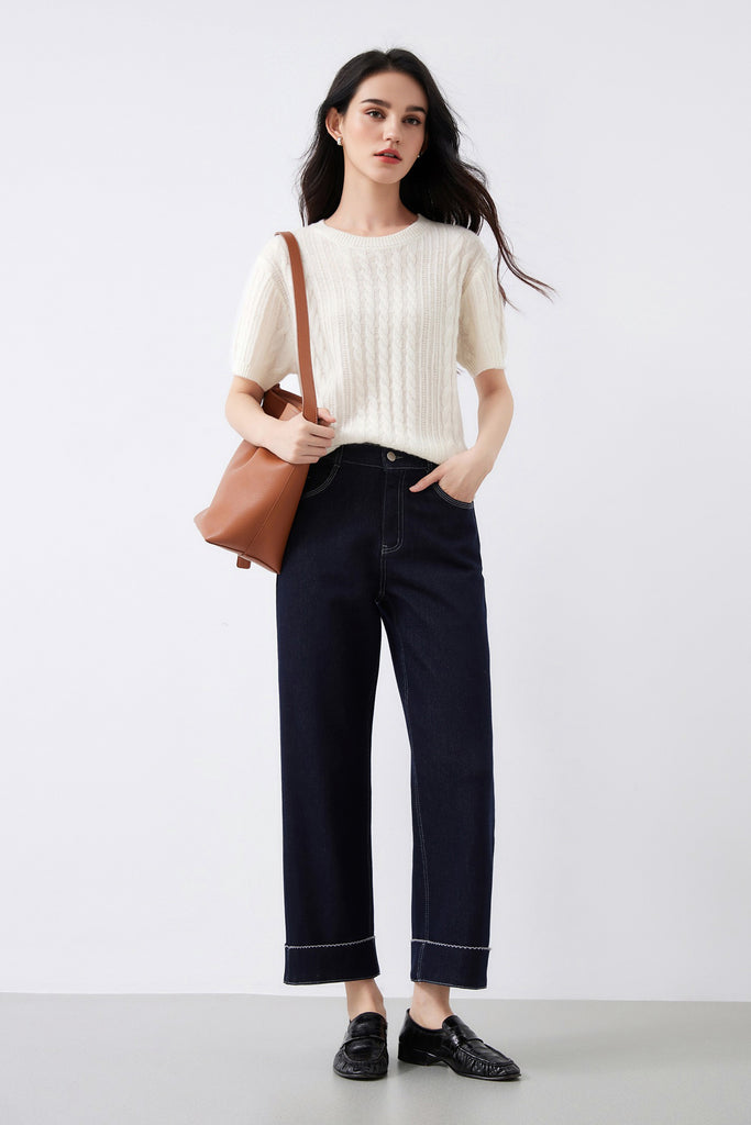 Ultrasoft Merino Wool Short-Sleeve Cable Sweater  Fibflx