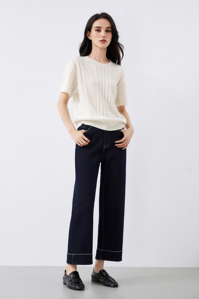 Ultrasoft Merino Wool Short-Sleeve Cable Sweater  Fibflx