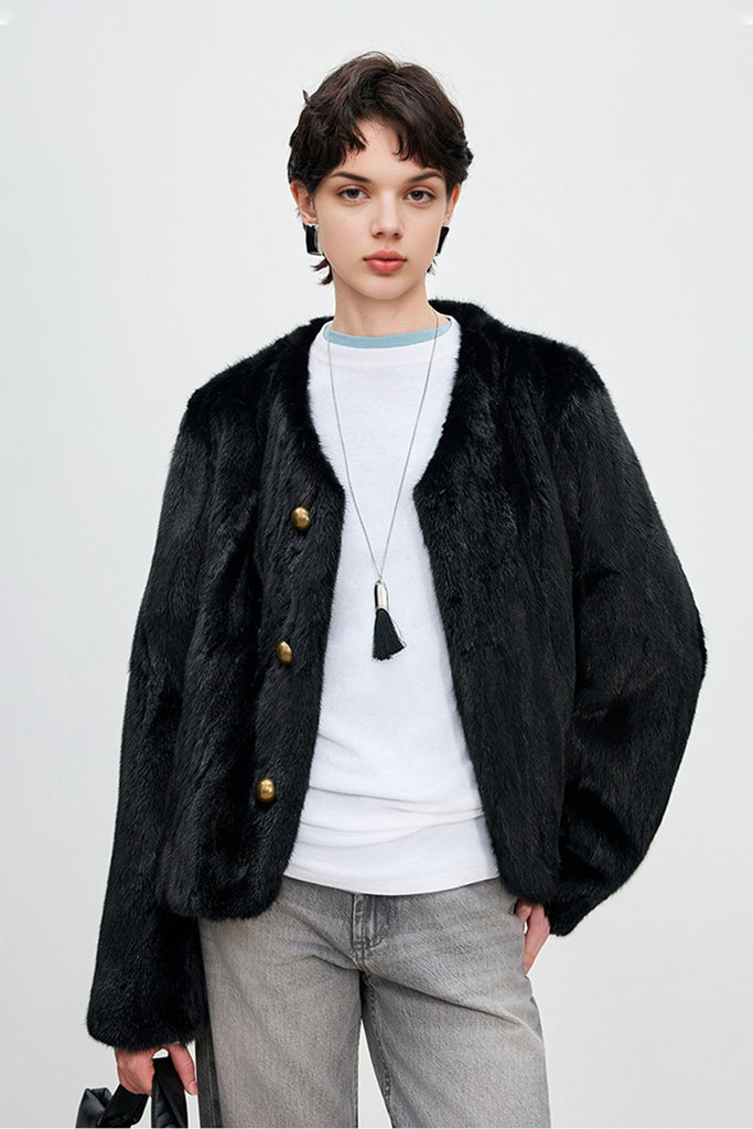 Minimal Mink Fur Cropped Collarless Jacket Black / L Fibflx