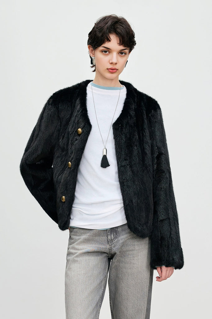 Minimal Mink Fur Cropped Collarless Jacket  Fibflx