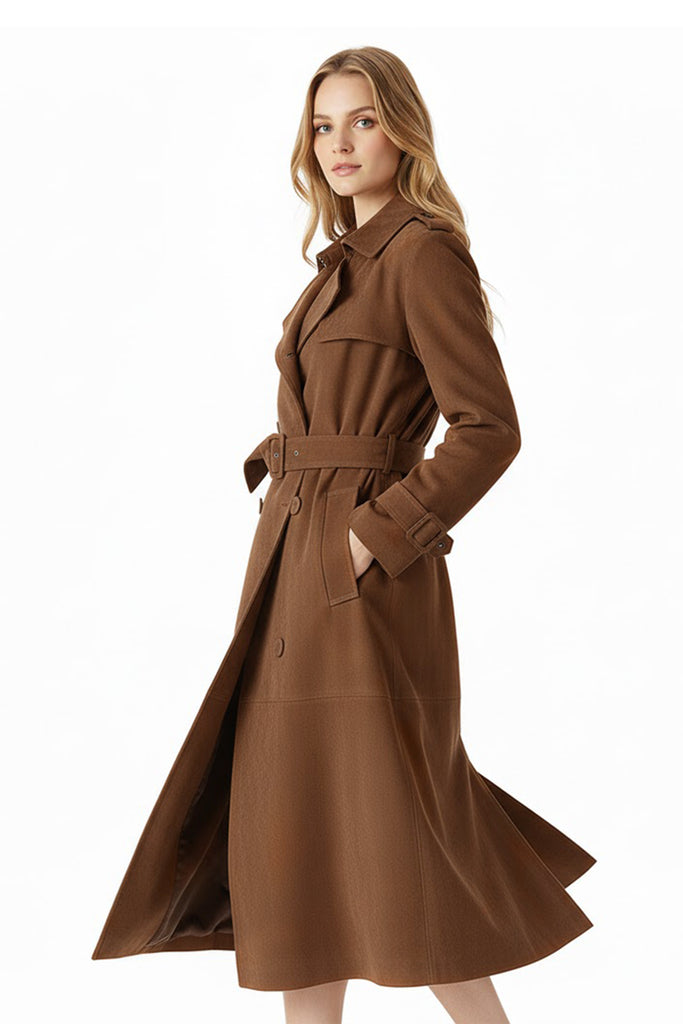 Minimalist Cowhide Suede Double-Breasted Trench Coat  Fibflx