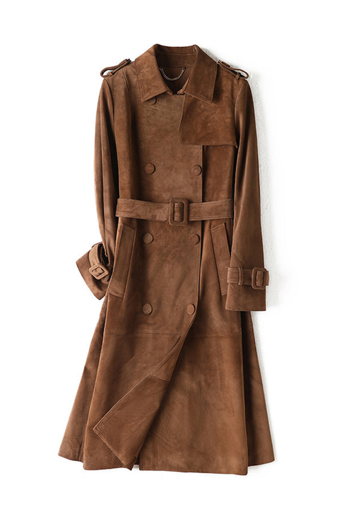 Minimalist Cowhide Suede Double-Breasted Trench Coat  Fibflx