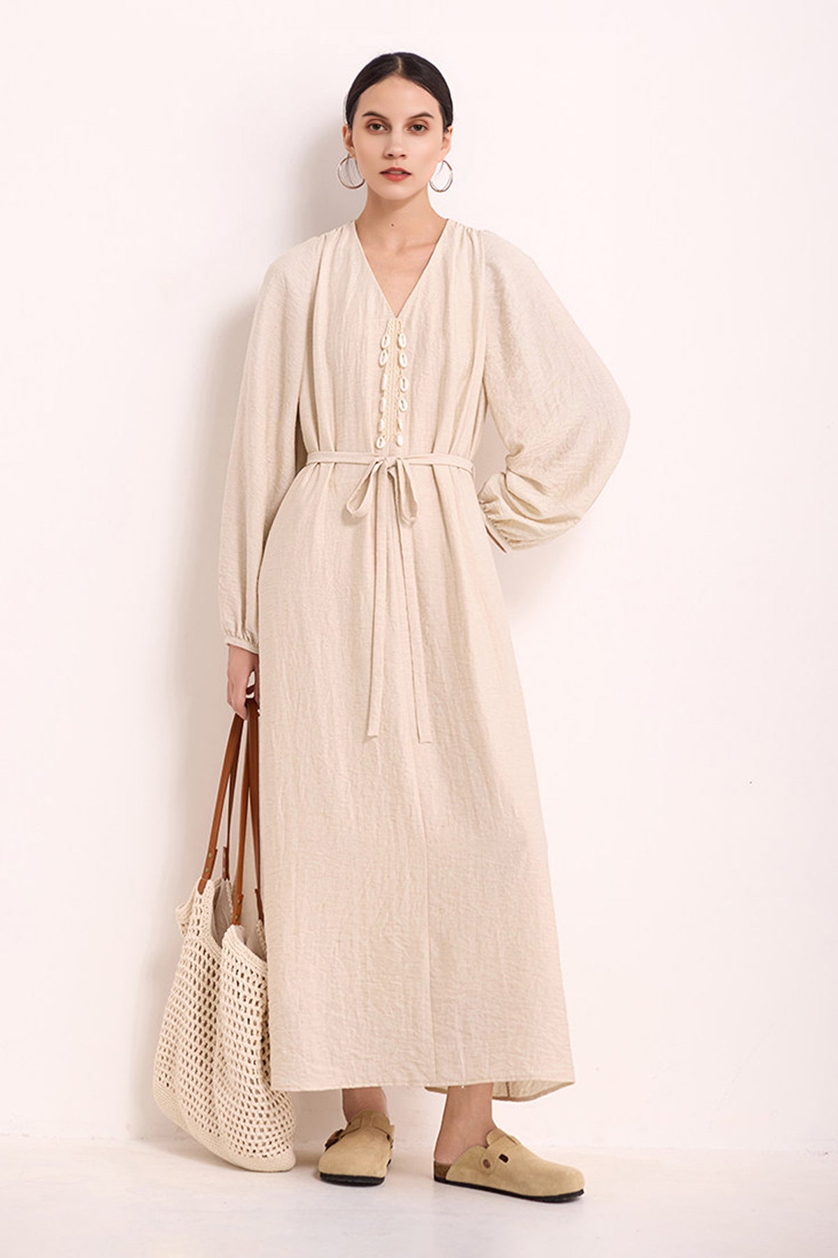 linen boho dress women Minimalist Linen-Blend Long Sleeve Maxi Black / XS Women's Elegant Polka Dot category__DYANMIC_MY_CAMPAIGN_1010EXCLUSIONS boho summer bridesmaid or Color:Grey Floral