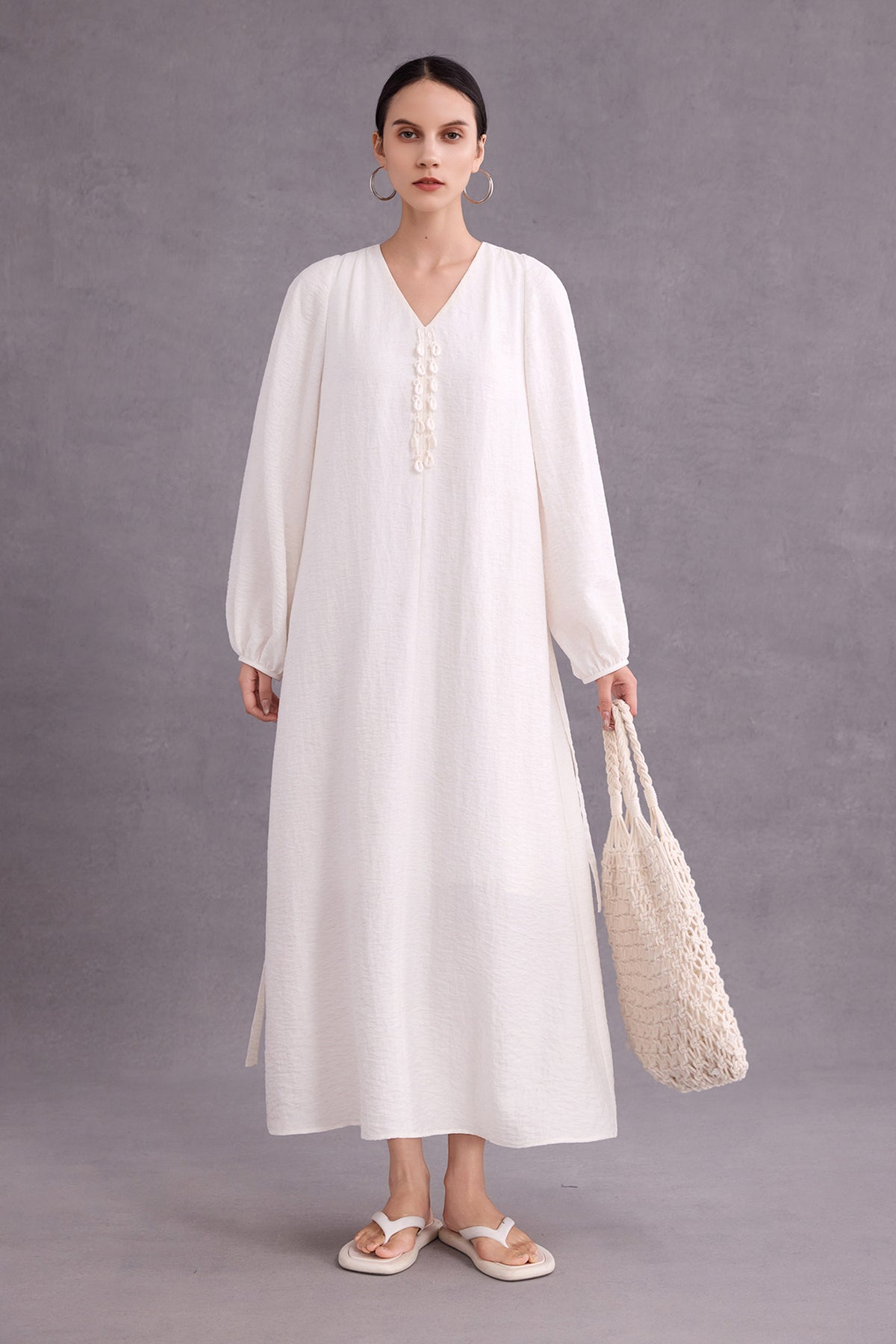 white linen boho dress Minimalist Linen-Blend Long Sleeve Maxi / XS Machine wash (40 °C/ Size:L (Bust 94cm) traditional Sudanese woman's outfit long drape