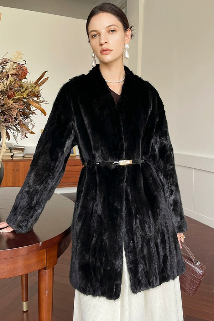 Mink Fur Collarless Mid-Length Coat in Black  Fibflx