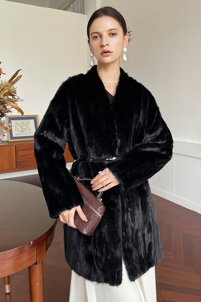 Mink Fur Collarless Mid-Length Coat in Black  Fibflx