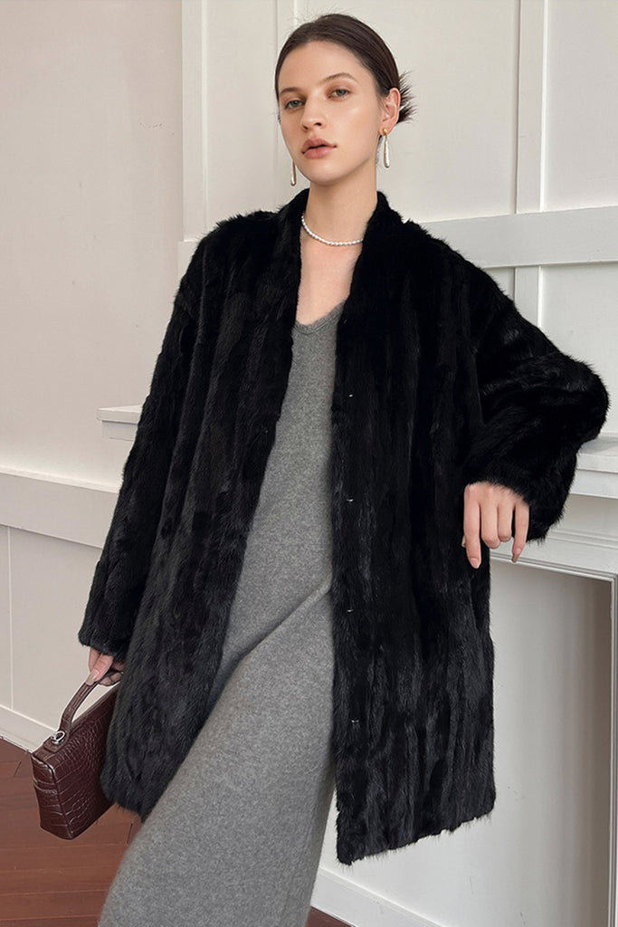 Mink Fur Collarless Mid-Length Coat in Black  Fibflx