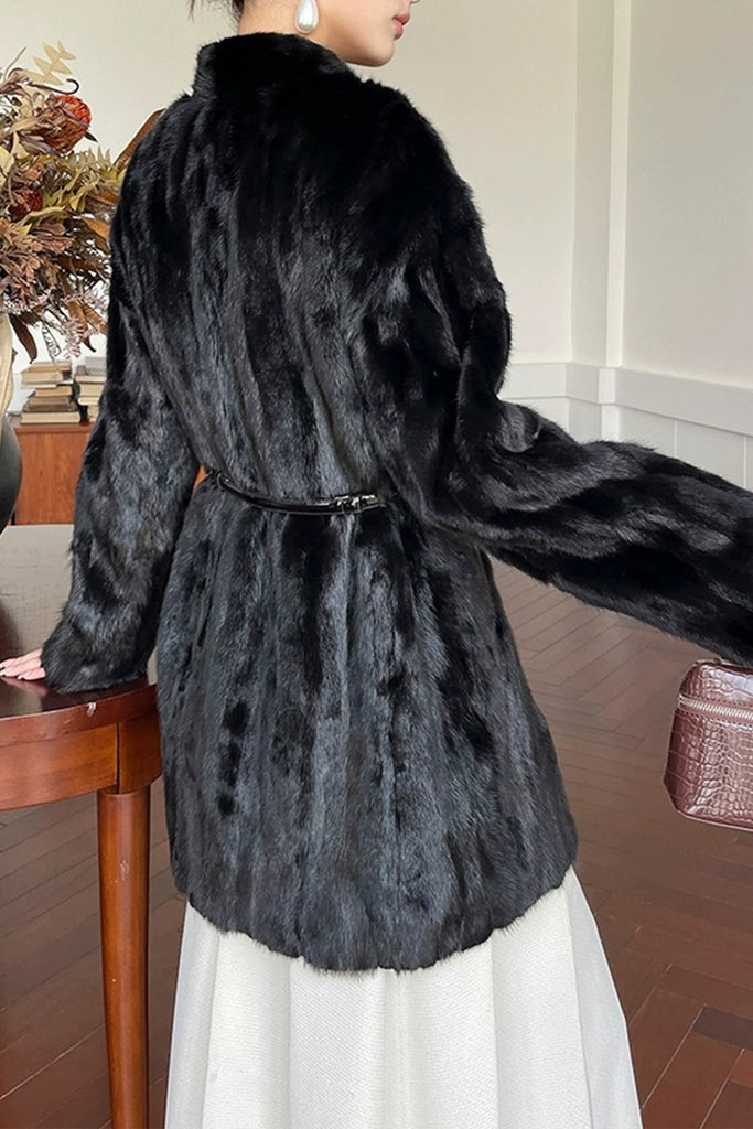 Mink Fur Collarless Mid-Length Coat in Black  Fibflx