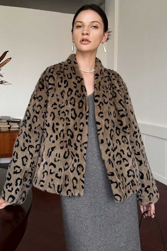 Mink Fur Leopard-Print Collarless Jacket Leopard Print / L Fibflx