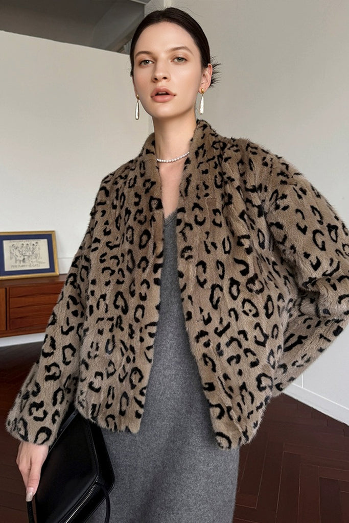 Mink Fur Leopard-Print Collarless Jacket  Fibflx