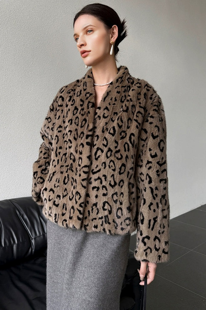 Mink Fur Leopard-Print Collarless Jacket  Fibflx