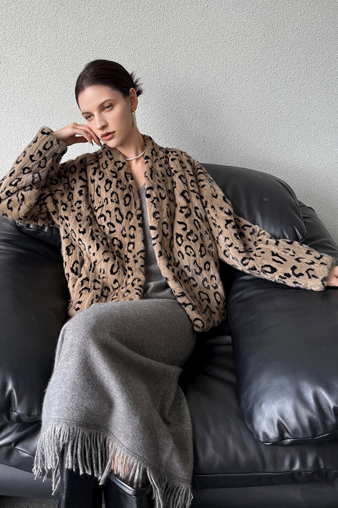 Mink Fur Leopard-Print Collarless Jacket  Fibflx