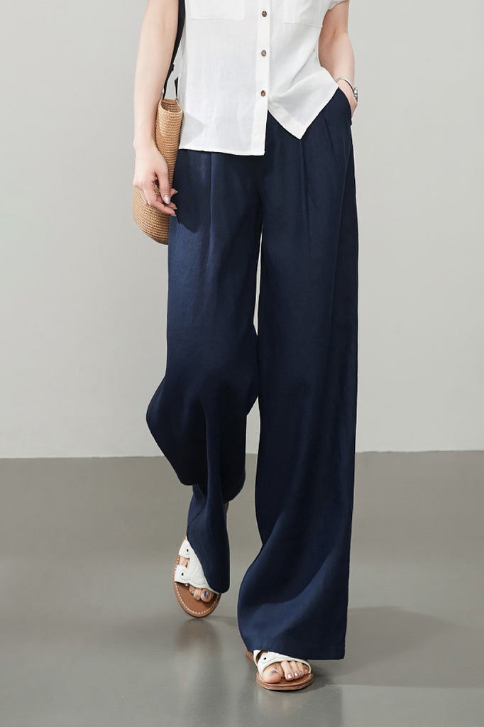 Navy Blue 100 Linen High-Waisted Puddle Pants - Fibflx