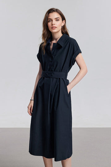 Navy Blue Belted Shirt Dress in Cotton-Lyocell Blend - Fibflx