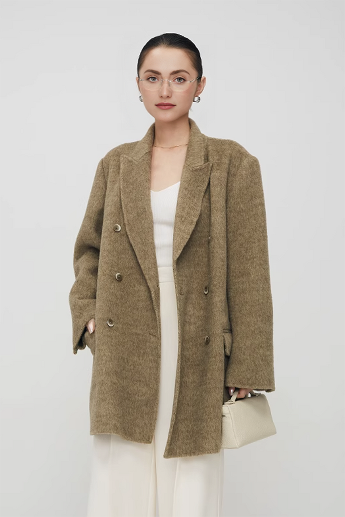 Fibflx Women's Notched Lapel Double-Breasted Wool Coat