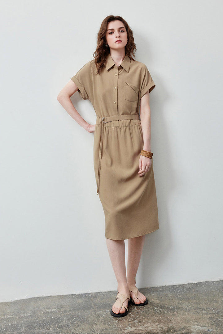 Olive Green Belted Shirt Dress in Cotton-Lyocell Blend  Fibflx