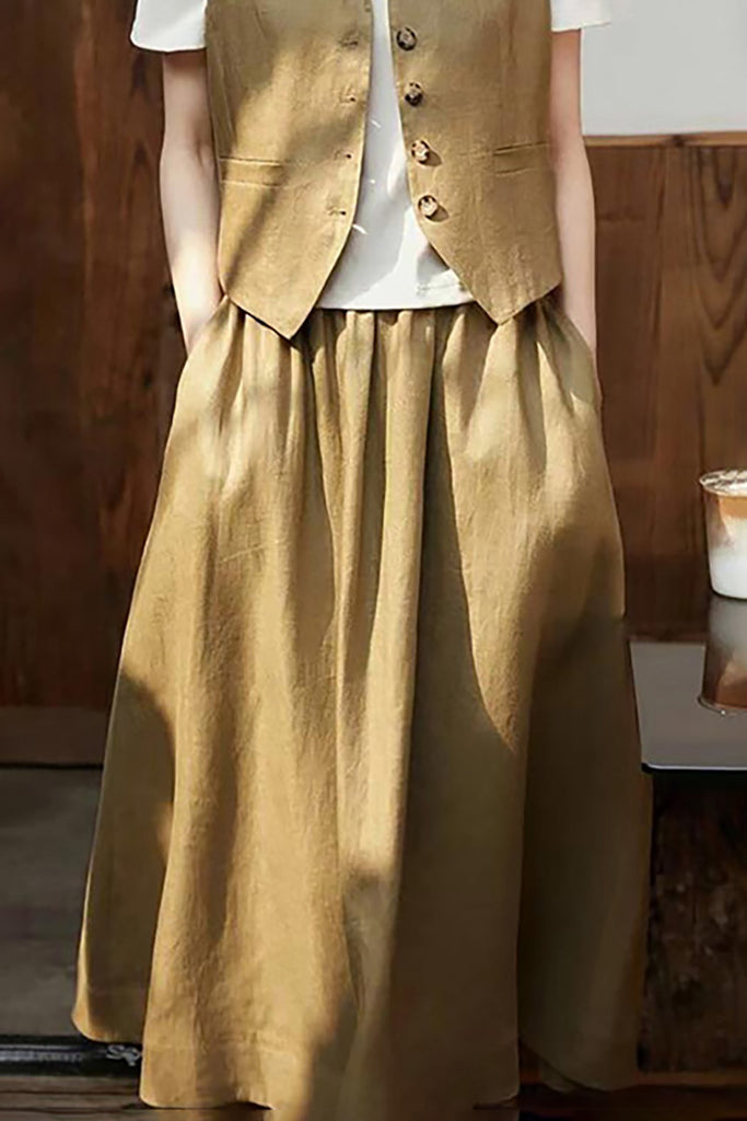 Olive Green Linen A-Line Midi Skirt - Fibflx
