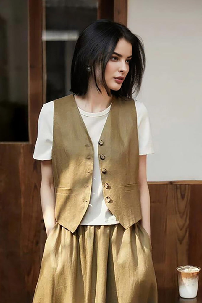 Olive Green Linen V-Neck Vest - Fibflx