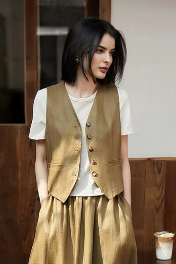Olive Green Linen V-Neck Vest - Fibflx