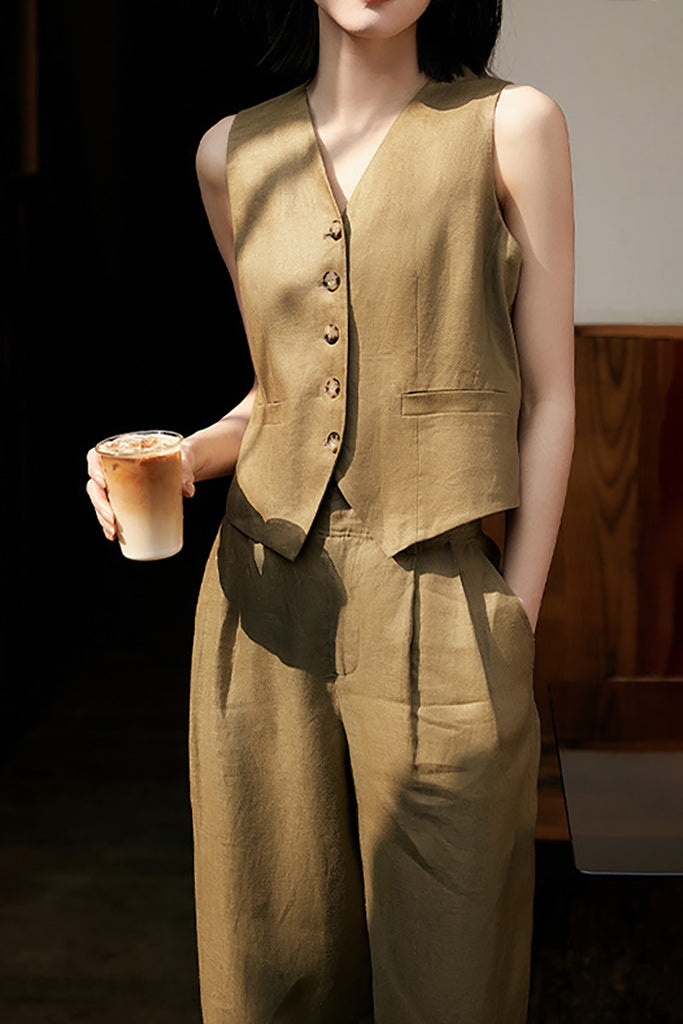 Olive Green Linen V-Neck Vest  Fibflx