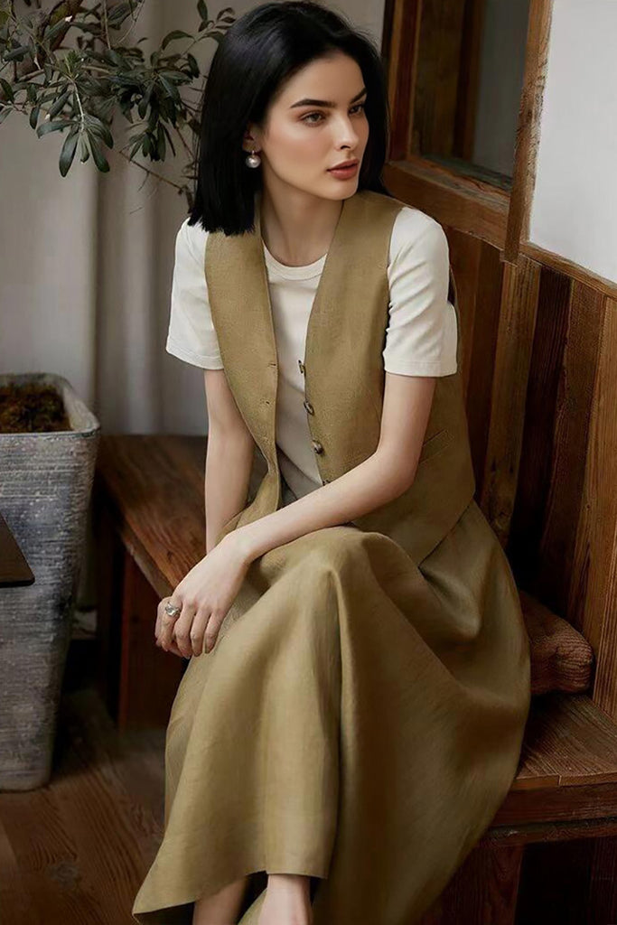 Olive Green Linen V-Neck Vest  Fibflx