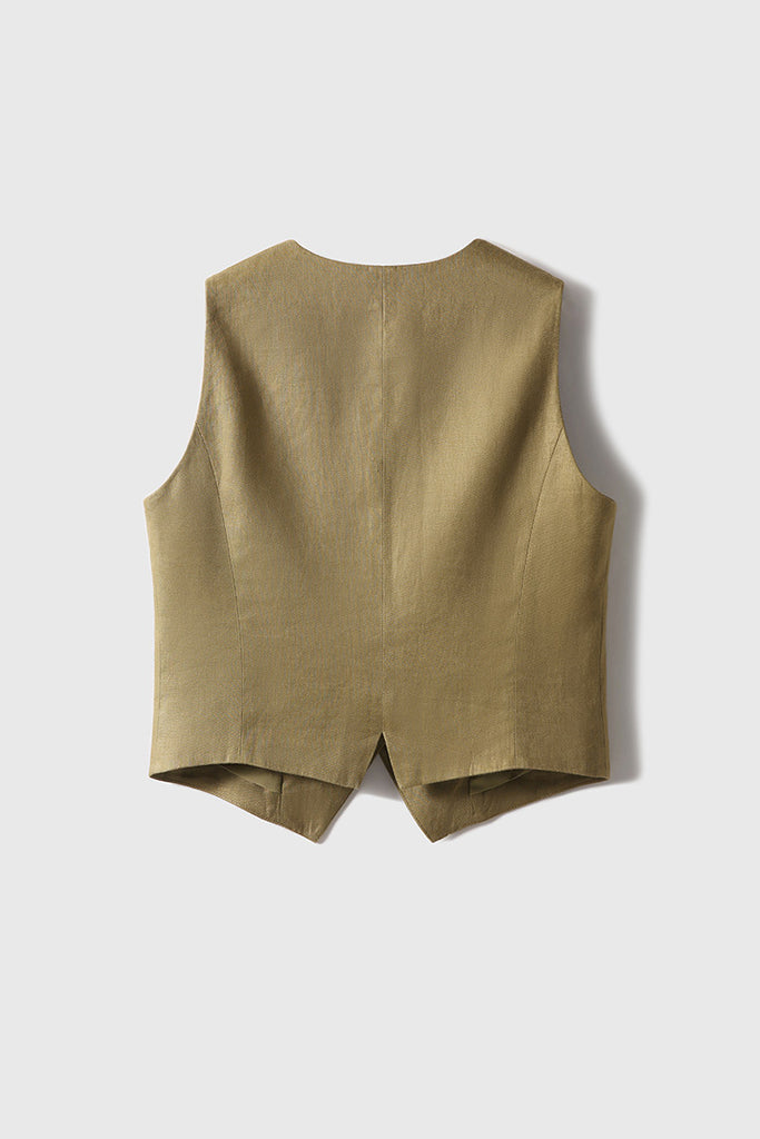 Olive Green Linen V-Neck Vest  Fibflx