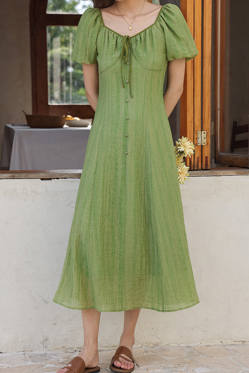 olive green puff sleeve dress Lyocell V-Neck Puff-Sleeve Midi XS / Springview Green / 62% Lyocell 38% Nylon Womens Clothing