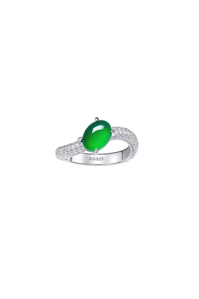 Fibflx Women's Oval Green Agate & Moissanite Pave Set Wave Ring in Rhodium Plated Sterling Silver