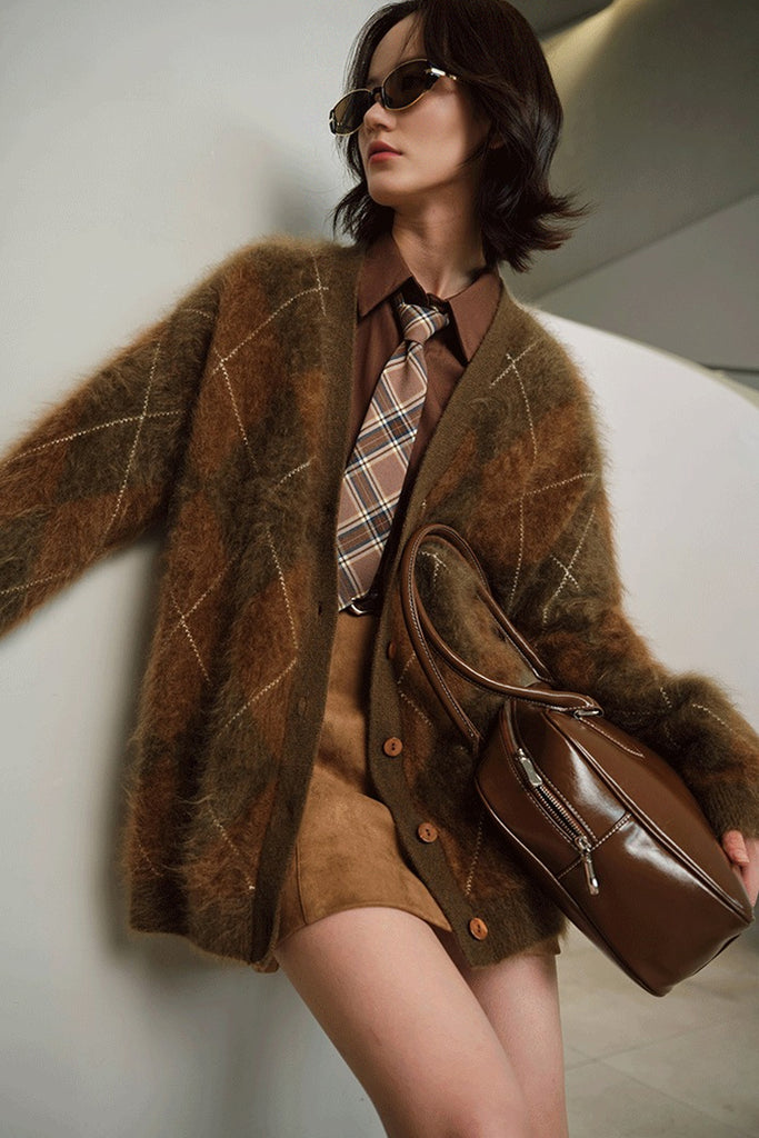 Oversized Brushed Cashmere Argyle V-Neck Cardigan  Fibflx